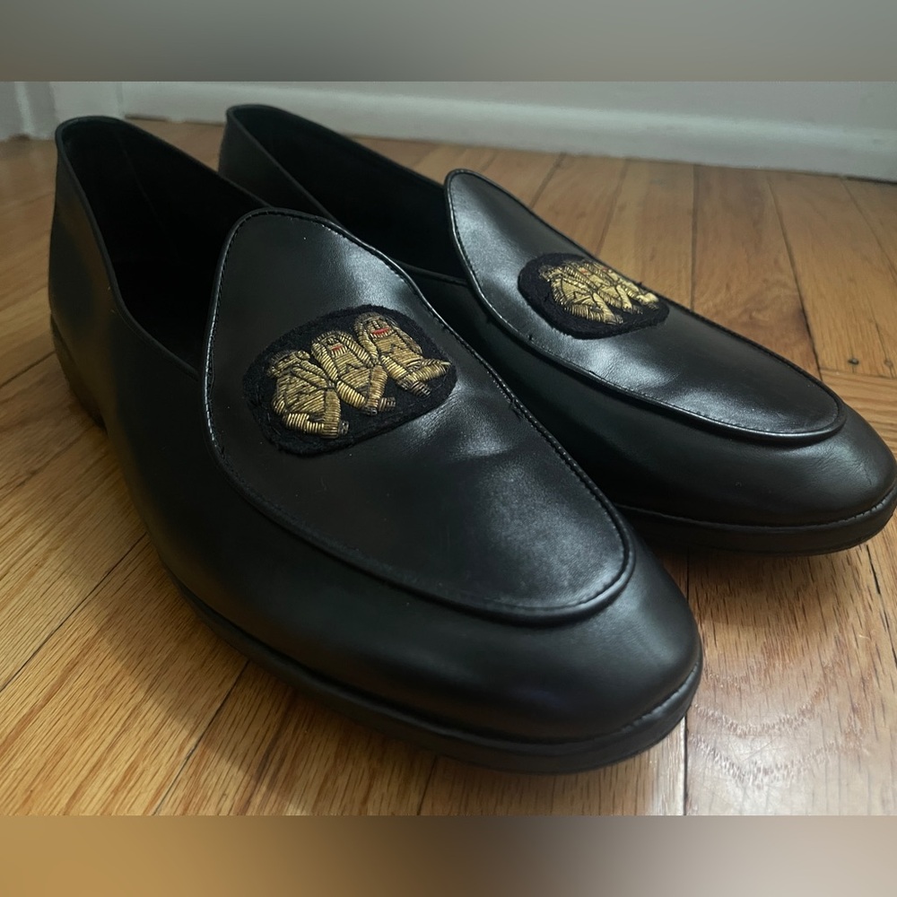 Black Leather Loafers with Gold Embroidery